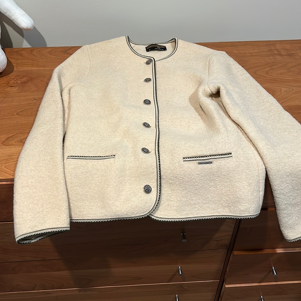 Geiger boiled wool jacket made in Australia ivory with green trim